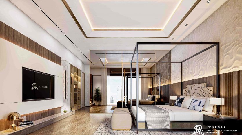 A modern luxury hotel room in Dubai featuring a king-size bed, elegant lounge area and contemporary decor with mood lighting and wood-panelled walls.