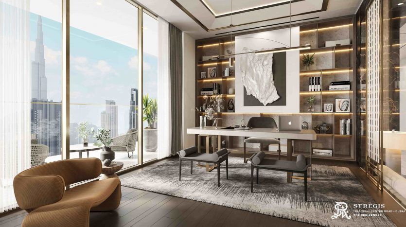 Stylish, modern office space featuring a sleek white desk, plush brown armchairs, ornate shelving and large windows showing a Dubai cityscape. Sunlight illuminates the room.