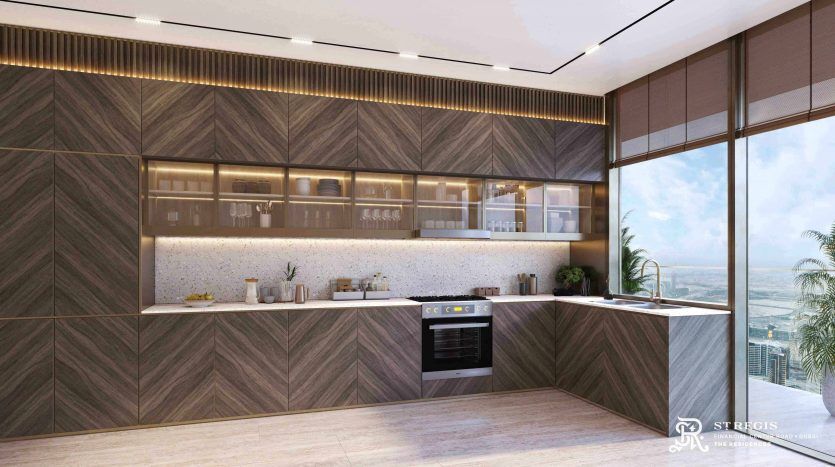 Modern kitchen interior with wood and marble finishes, integrated appliances and panoramic views of the Dubai cityscape from the window. Bright, elegant design.