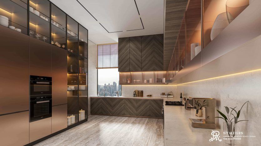 Luxurious kitchen interior in a Dubai apartment with modern wood cabinetry, high-end appliances, marble flooring and large windows offering city views. Warm lighting and elegant decor underline the sophistication.