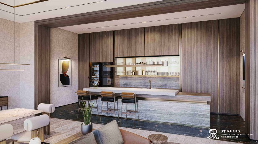 Modern kitchen and bar area in a Dubai apartment with elegant wooden cabinets, marble countertop and stylish bar stools, set under ambient lighting. The décor includes tasteful wall art and visible shelving