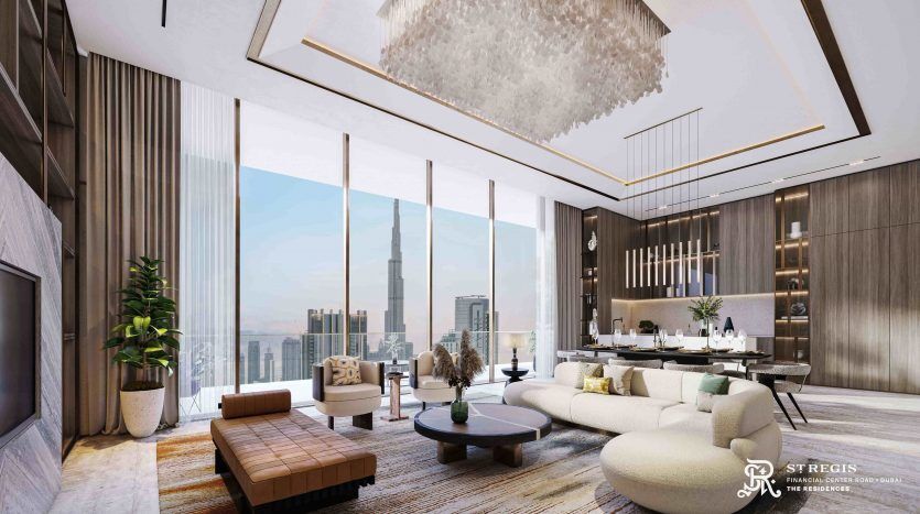 Luxurious modern living room in a Dubai villa with large windows offering views of the cityscape, elegant furnishings, lush indoor plants and a stylish bar area, complemented by a rich textured carpet and