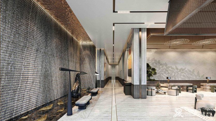 A modern villa in Dubai with contemporary design elements. Features textured brick walls, elegant columns, sleek furniture and stylish lighting. A relaxing and refined atmosphere.