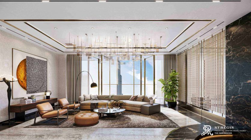 Luxurious living room in a Dubai villa with modern decor including leather sofas, a glass coffee table and lush indoor plants. The room features large windows with city views, elegant lighting and stylish artwork.