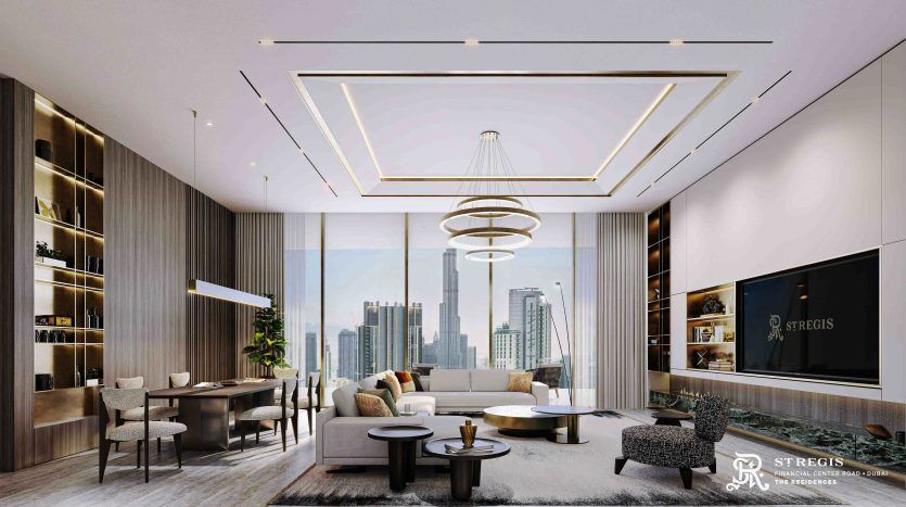 Luxurious living room in a Dubai apartment with modern decor, featuring a plush sofa, chairs and a large window overlooking the city's rooftops. Features include stylish lighting, shelving and a