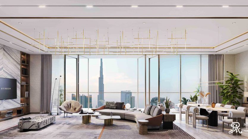 Modern, luxurious living room in a Dubai apartment with bay windows offering views of the cityscape, elegant furnishings, a stylish chandelier and a contemporary aesthetic.