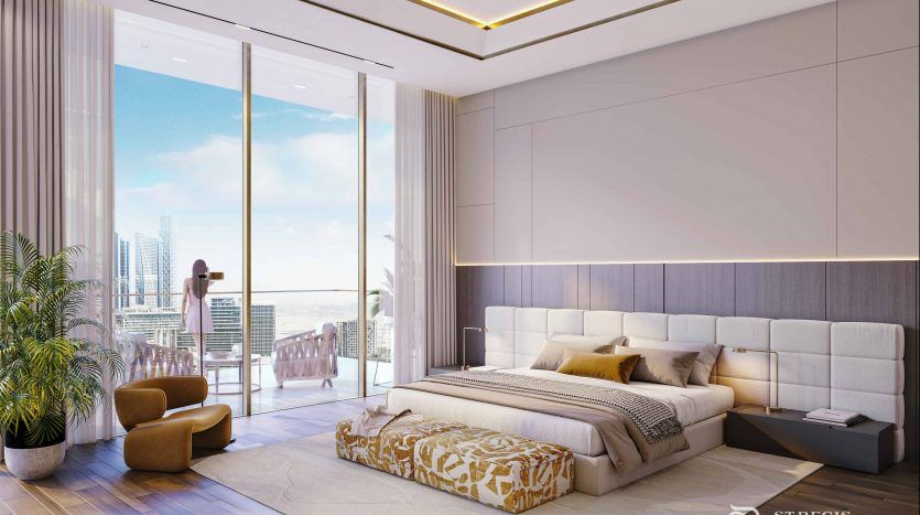 Luxurious room in a Dubai villa with a king-size bed, modern furniture and a woman standing on a balcony overlooking the city's rooftops. Bright interior, green plant and glass doors.