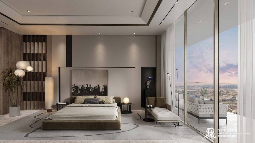 A modern, luxurious room in a Dubai villa, featuring a king-size bed, glass windows with city views, elegant furnishings and stylish decor, with a neutral color palette.