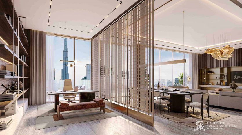 Luxurious villa space with a modern design, featuring an office facing large windows with views over the city's rooftops, elegant furnishings and sophisticated decor.