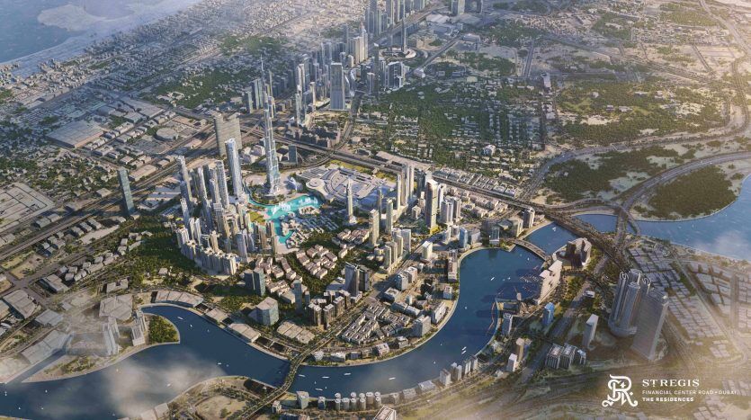 Aerial view of a modern cityscape at sunset, featuring numerous tall skyscrapers, a meandering river and lush green spaces, with a prominent circular architectural element in the center, close to a luxurious apartment.