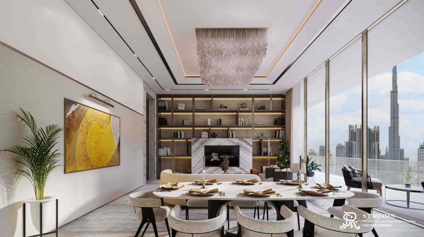 Modern dining room in a Dubai apartment with a circular table for six, a bookshelf, an abstract painting and a view of the cityscape through large windows. The bedroom is elegantly decorated in the style of a