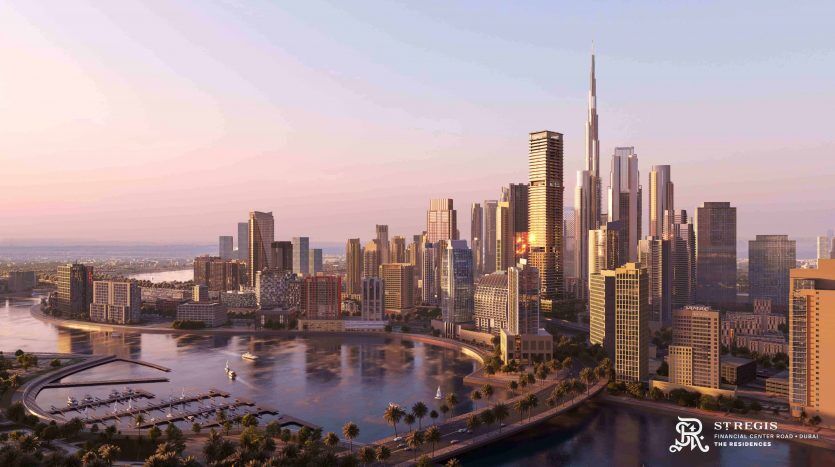 A panoramic view of Dubai's rooftops at sunset, with modern skyscrapers, including the Burj Khalifa, and a serene body of water in the foreground, highlighting key investment opportunities.