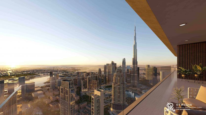 View from an elevated balcony overlooking the rooftops of the city of Dubai with modern skyscrapers at sunset, warm golden hues and clear skies.