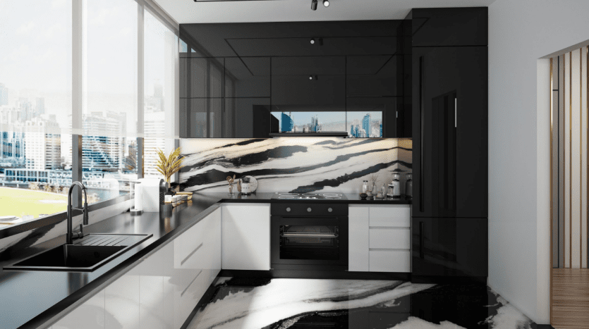 Modern kitchen interior with black cabinetry, a stunning marble island and stainless steel appliances, with panoramic city views from large windows in a high-end apartment in Dubai.