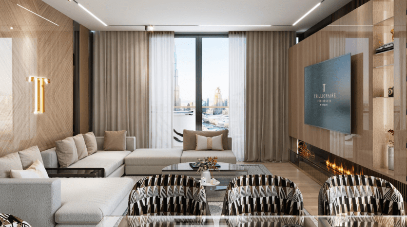 Luxurious living room in a Dubai apartment featuring a modern sofa, armchairs and fireplace, with bay windows overlooking a cityscape. The décor includes elegant curtains and tasteful decorations.