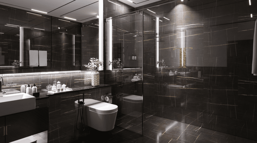 Modern bathroom in a Dubai apartment with dark marble walls and floor with golden veining, glass shower, white fixtures, mirrored cabinets and decorative plants, lit by soft ceiling lights.