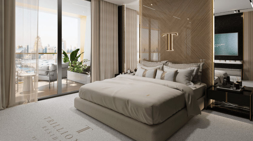 A modern luxury room in a Dubai villa with large windows offering city views. The room features a king-size bed, wood accents and a plush carpet with a custom logo. Light, airy curtains add