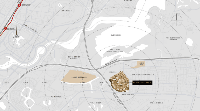 A detailed map highlighting areas of Dubai offering investment opportunities, including Dubai Creek and surrounding districts with key locations marked, using a grayscale color palette with additional detail in light brown and red.