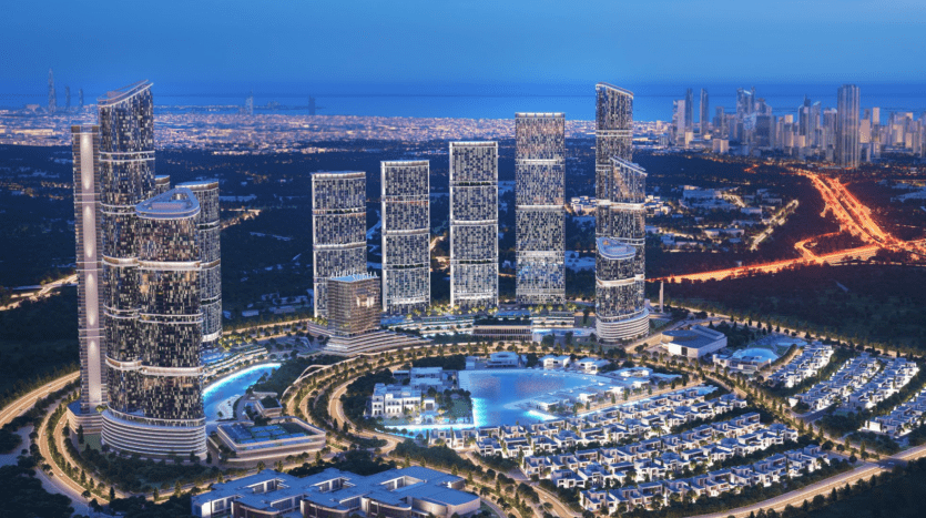 A futuristic city skyline at dusk with illuminated skyscrapers, connected by skybridges and surrounded by lush greenery and a suburban layout featuring prominent Dubai-style villas against a coastal backdrop.