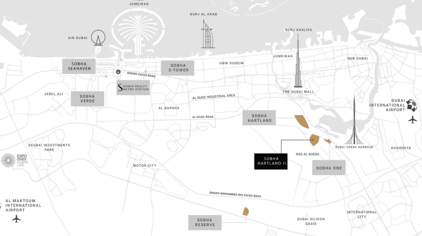 Map of Dubai highlighting major areas such as Jumeirah, Dubailand, Villa Dubai and landmarks such as Dubai International Airport and Sobha Hartland. The design is minimalistic with icons and names for each