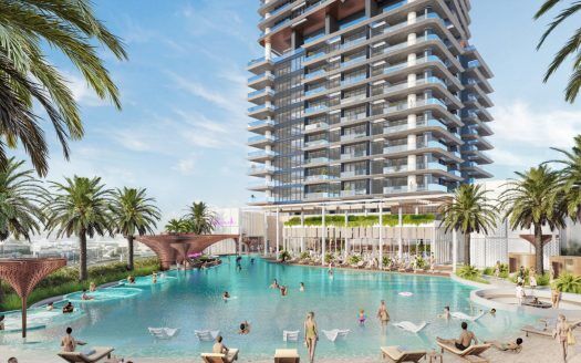 Moderner, luxuriöser Swimmingpool im Stil einer Anlage mit schwimmenden und faulenzenden Menschen unter Palmen, angrenzend an eine Villa in Dubai mit einem großen, mehrstöckigen, zeitgenössischen Gebäude im Hintergrund.