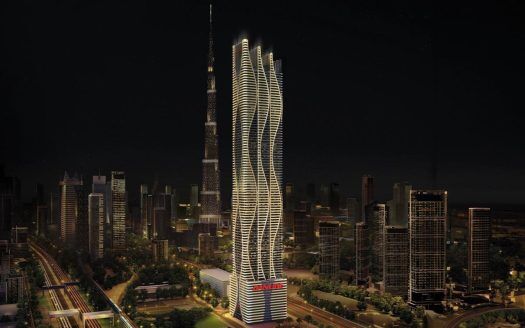Nachtansicht einer modernen Stadtskyline mit einem beleuchteten Wolkenkratzer, der sich durch sein einzigartiges Design von anderen Hochhäusern in Dubai abhebt.