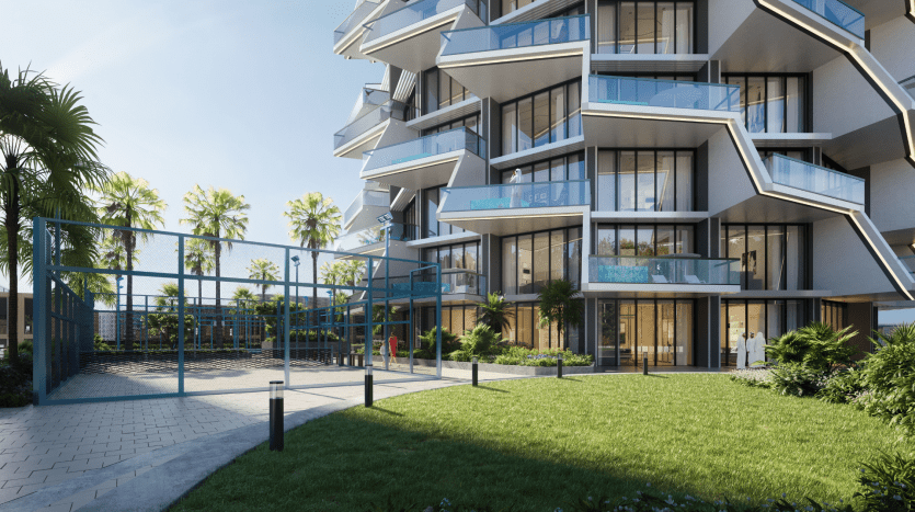 Complex of modern villas with balconies, surrounded by palm trees and a well-manicured lawn, featuring a walkway and a jogger in Dubai.