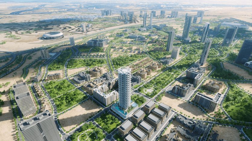 Aerial view of a modern urban landscape in Dubai, showing a mix of high-rise buildings, lush green parks and a sports stadium, with a river winding through the urban environment.