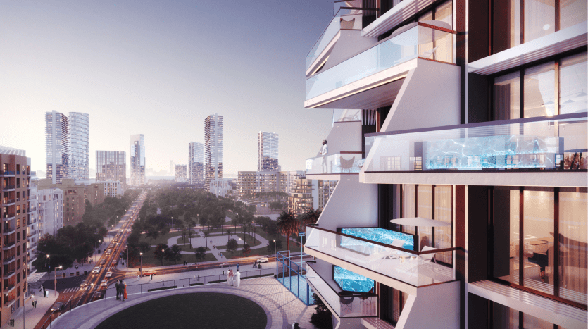 A futuristic cityscape at dusk with modern skyscrapers, lush parks and a bustling street scene in Dubai, seen from a high-rise balcony with luxurious amenities.