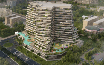 Artistic representation of a large, modern, multi-level villa in Dubai surrounded by lush greenery, featuring terraces with gardens, a pool area and adjacent parks.