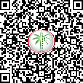 A QR code with a tropical palm tree logo in the center, surrounded by a thin red line. The black and white matrix of the QR code forms a square containing scattered data patterns to be scanned. It adds an elegant touch reminiscent of Riwa Madinat Jumeirah Living.