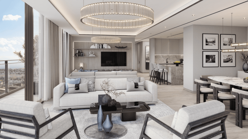 Luxurious, modern living room in a Dubai apartment with a large chandelier, sectional sofa, armchairs and elegant kitchenette in the background, overlooking a stunning view of the city.