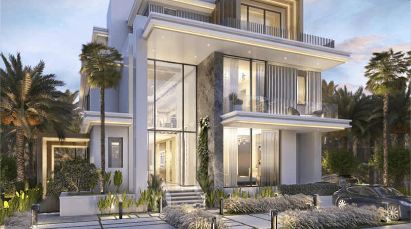 Una moderna casa de varias plantas en las islas Damac con grandes ventanales y balcones, rodeada de palmeras y zonas verdes ajardinadas. La fachada presenta líneas limpias y una mezcla de materiales, creando un aspecto lujoso bajo el cielo despejado.