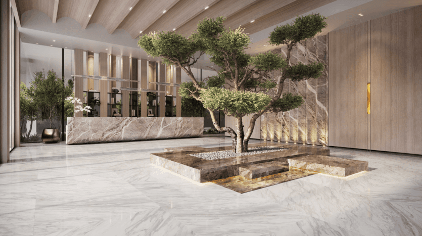 A modern interior space with a central bonsai planted in a marble square. The room features a marble floor, wood-panelled walls and a minimalist design. Natural light filters in through large windows, highlighting the greenery and stone textures.