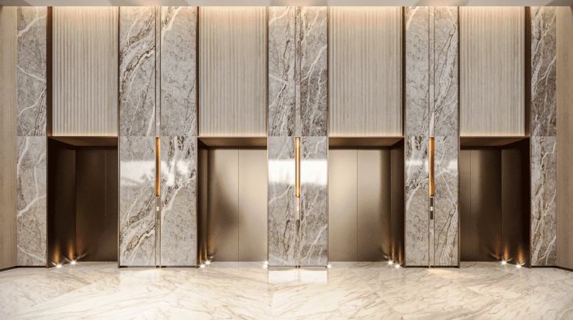 A modern lobby features three elevator doors set into elegant marble walls. Each door is framed by vertical motifs and lit by subtle zenithal lighting, projecting reflections on the polished marble floor.