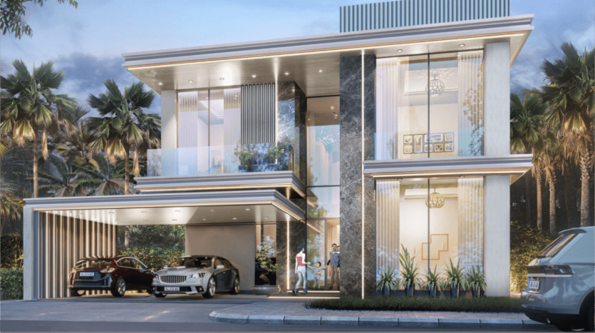 Ubicada cerca de las pintorescas islas Damac, esta moderna casa de dos plantas cuenta con grandes ventanales, palmeras al fondo, dos coches de lujo aparcados en la entrada y un paisajismo minimalista. Se aprecia una cálida iluminación interior que crea un ambiente acogedor.