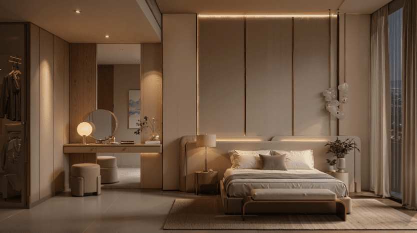 A modern, elegant bedroom with a neutral color palette, featuring a double bed, bedside tables, dressing table with round mirror, warm lighting, picture windows and minimalist decor.