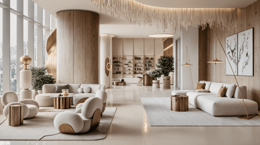 Luxurious modern living room with elegant white sofas, unique curved chairs, round wooden tables, bay windows, sculptural decor, plants and a wall of shelves in a bright, elegant open space.