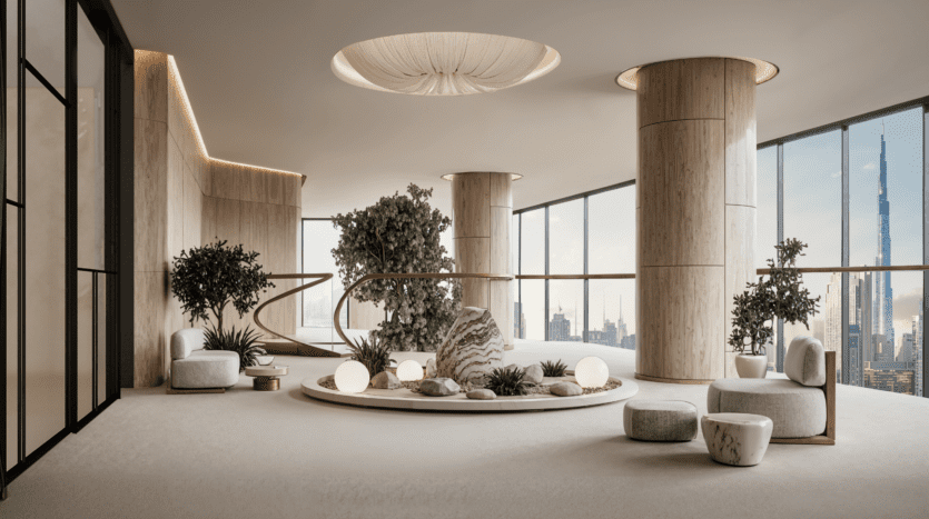 A modern, minimalist living room with large windows, beige decor, round seating, indoor plants and a central Zen garden. Skyscrapers, including the Burj Khalifa, can be seen through the windows.