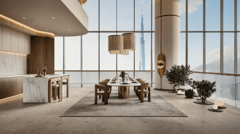 Modern dining room with large table, wooden chairs, marble surfaces and elegant pendant lights. Large picture windows reveal the city skyline, with a skyscraper in the distance. Indoor plants add a touch of greenery.