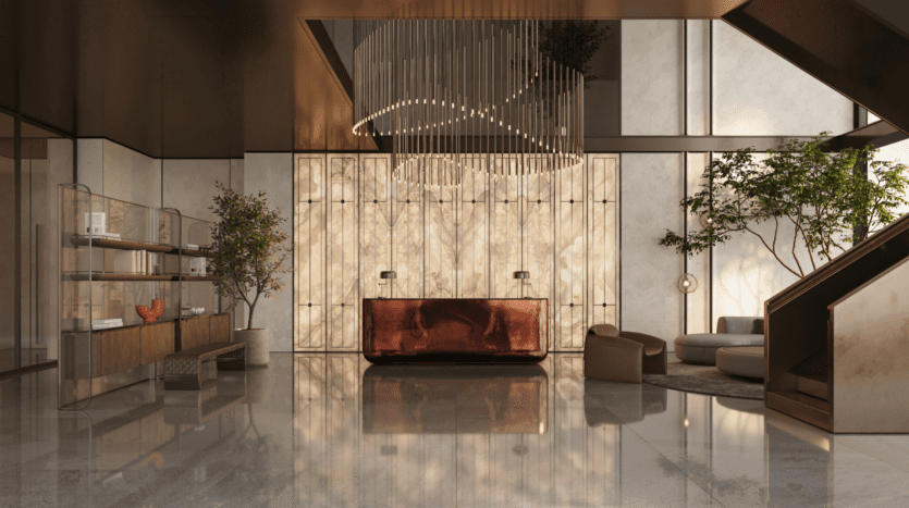 A modern hotel lobby with copper reception desk, high illuminated wall, sculptural chandelier, lounge seating, indoor trees and reflective marble floor. An ornate display case is to the left and a staircase to the right.