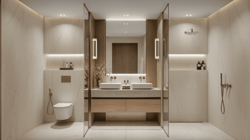 Modern bathroom with light marble walls and floor, double washbasin on wall-hung vanity unit, wall-hung toilet, glass shower cubicle and minimalist fittings. Subdued lighting and neutral tones create a serene, elegant atmosphere.