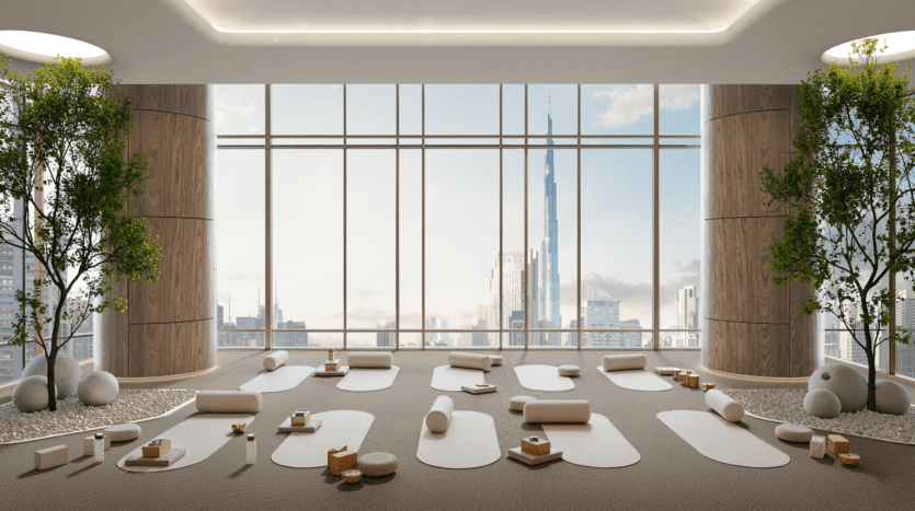 A spacious, modern yoga studio with large picture windows overlooking the city, including a skyscraper. The room is equipped with yoga mats, bolsters and potted trees, creating a serene atmosphere.