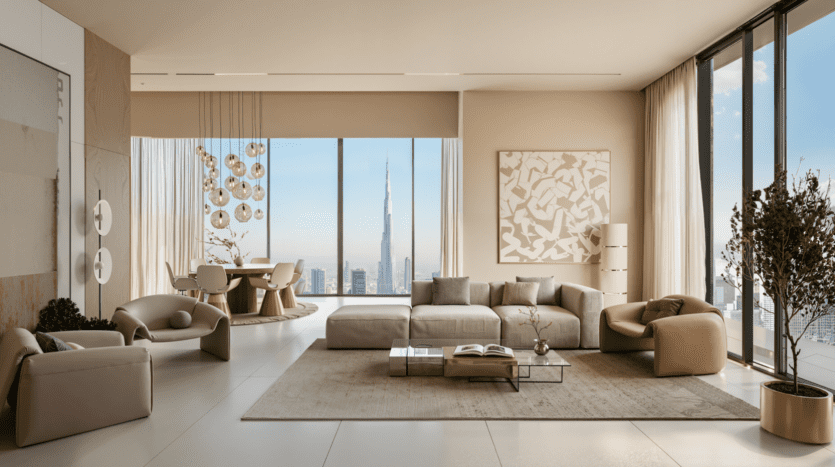A modern, spacious living room with neutral tones, large windows offering views of the city's rooftops with the Burj Khalifa visible, contemporary furniture, a glass coffee table and potted plants.