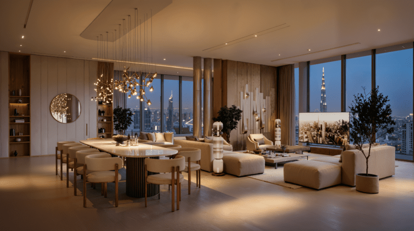 Spacious modern living and dining room with elegant beige furniture, large windows showing a city skyline at dusk, elegant light fixtures, indoor plants and wood accents creating a warm, luxurious atmosphere.