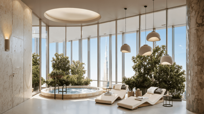 A luxurious spa room with a round Jacuzzi, three padded loungers, potted plants, large windows with city views and modern hanging lights suspended from the ceiling.