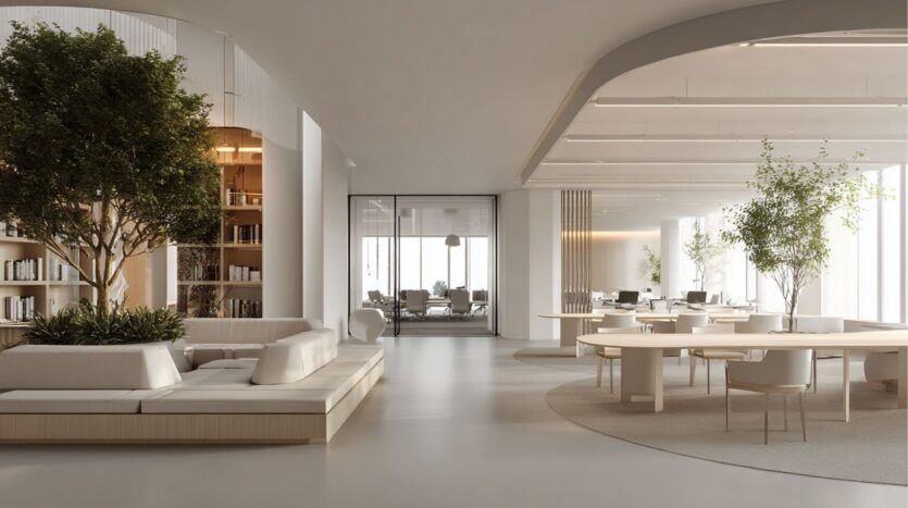 Un espace de bureau moderne et minimaliste dans le Damac District de Dubaï se caractérise par des tons neutres, des espaces ouverts, des tables rondes, des arbres d'intérieur et de grandes fenêtres. Des étagères avec des livres et des plantes renforcent l'atmosphère propre et aérée.