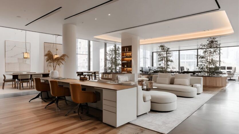 Espace de bureau moderne dans le Damac District de Dubaï avec de grandes fenêtres, des murs blancs et un mobilier neutre - chaises bronzées, canapés blancs, tables en bois et plantes d'intérieur - créant un espace de travail ouvert et élégant, baigné de lumière naturelle.