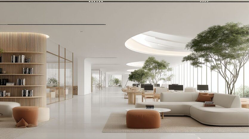 Spacieux bureau moderne dans le quartier Damac de Dubaï avec de grandes fenêtres, de la lumière naturelle, des murs blancs, des arbres d'intérieur, des meubles en bois, des étagères, des bureaux d'ordinateur et des sièges de salon confortables dans des tons neutres.