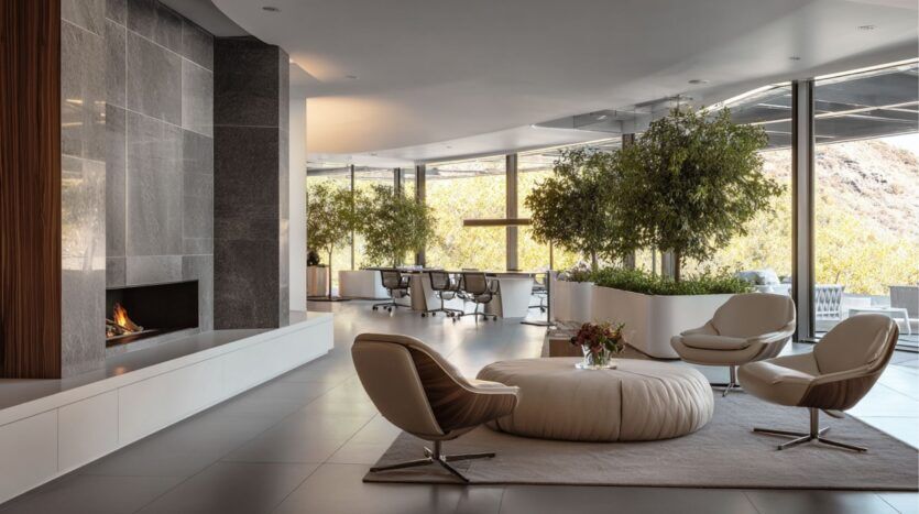 Salon de bureau moderne dans le Damac District de Dubaï avec des chaises neutres, un ottoman rond et un tapis près d'une cheminée. De grandes fenêtres, des arbres d'intérieur et la lumière naturelle créent une atmosphère ouverte et aérée avec une salle de conférence en arrière-plan.